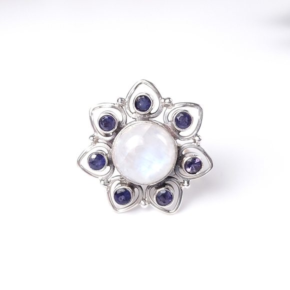 925 Sterling Silver Rainbow Moonstone and Iolite Flower Ring Size 7.5 - Picture 8 of 16